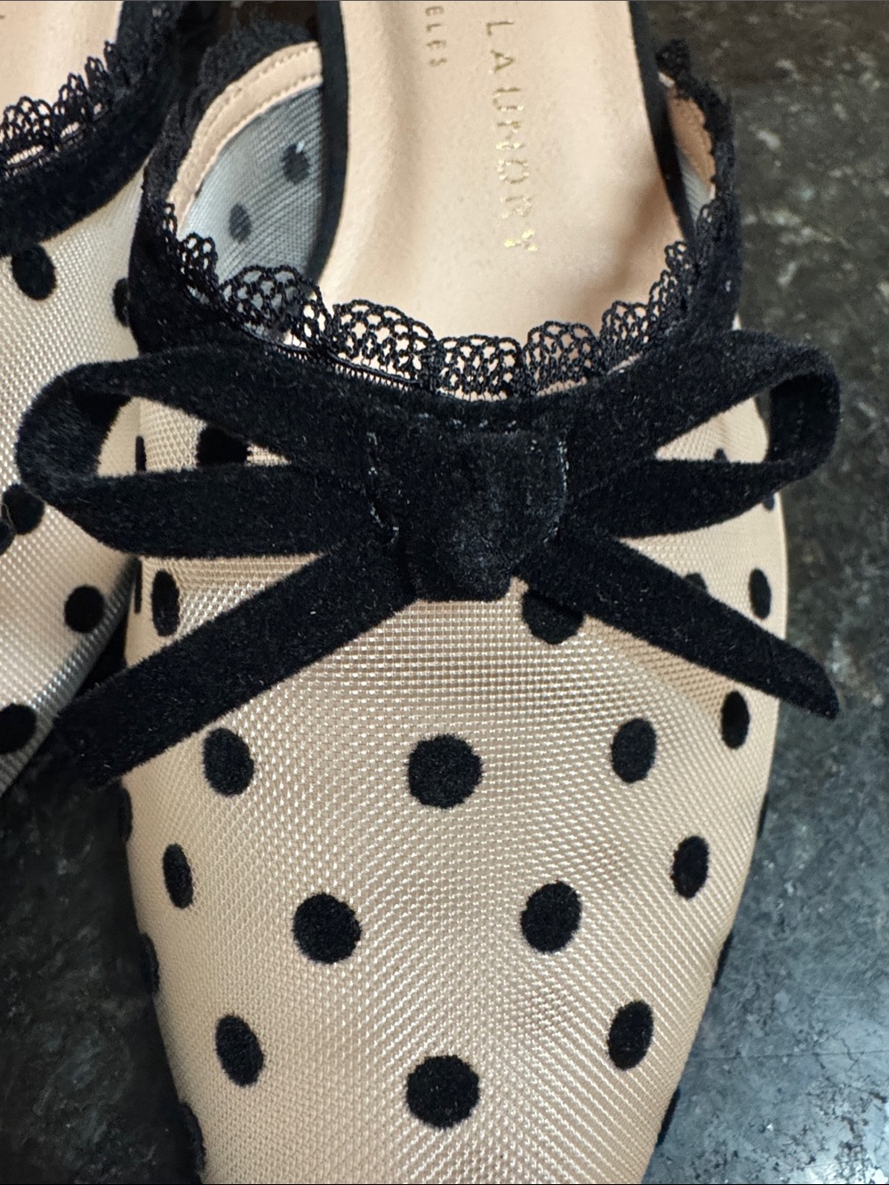 NEW Chinese Laundry Beige Polka Dot Pointed Mules with Black Trim - Picture 13 of 16